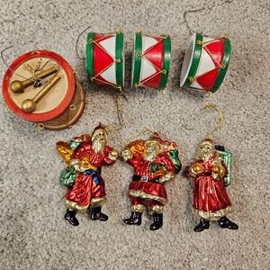 Vintage Christmas Ornament Lot – 3 Santa Figures & 4 Drum Ornaments –